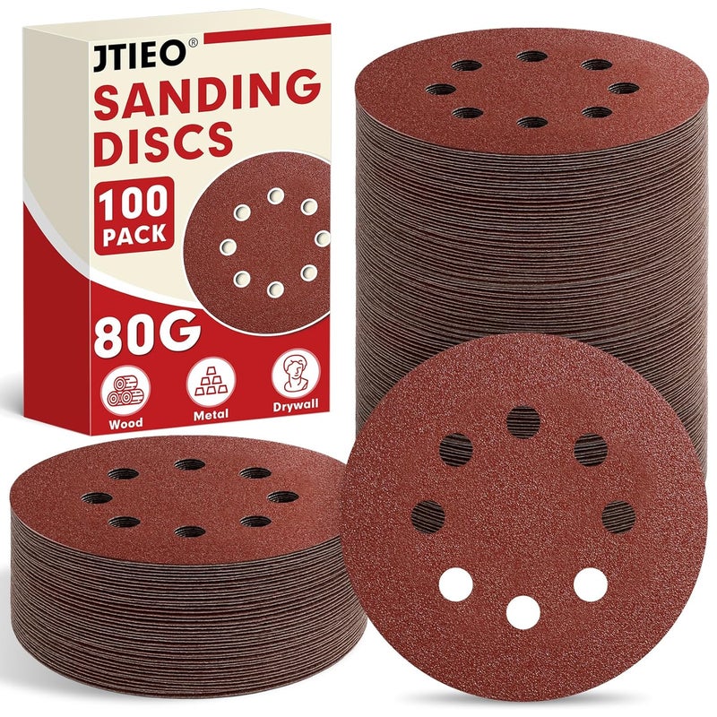 JTIEO 100PCS Sanding Discs 80 Grit, 5 Inch Orbital Sander Pads, Hook & Loop Sandpaper Pads, 8 Hole Round Sanding Discs for Random Orbital Sanders - Image 1